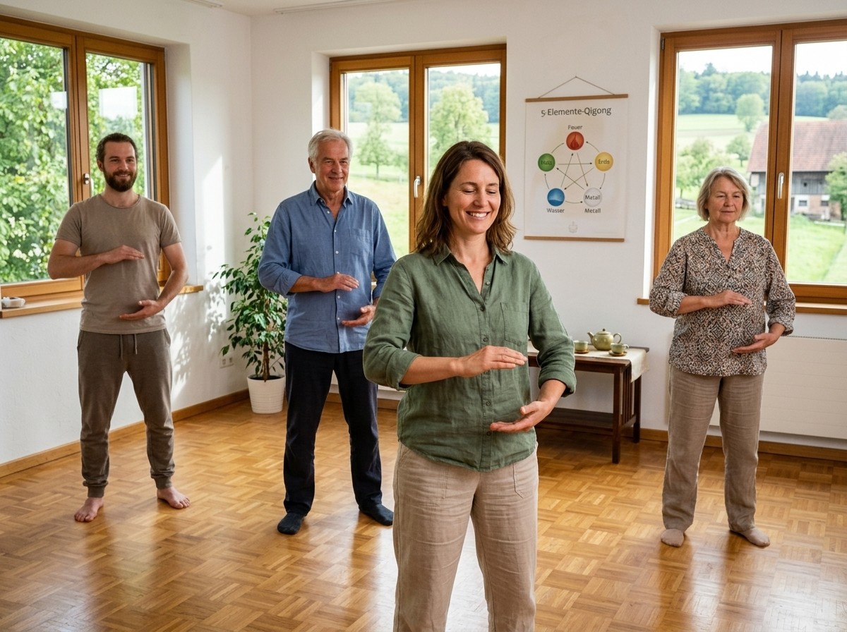 Frau &uuml;bt Qigong am Berg